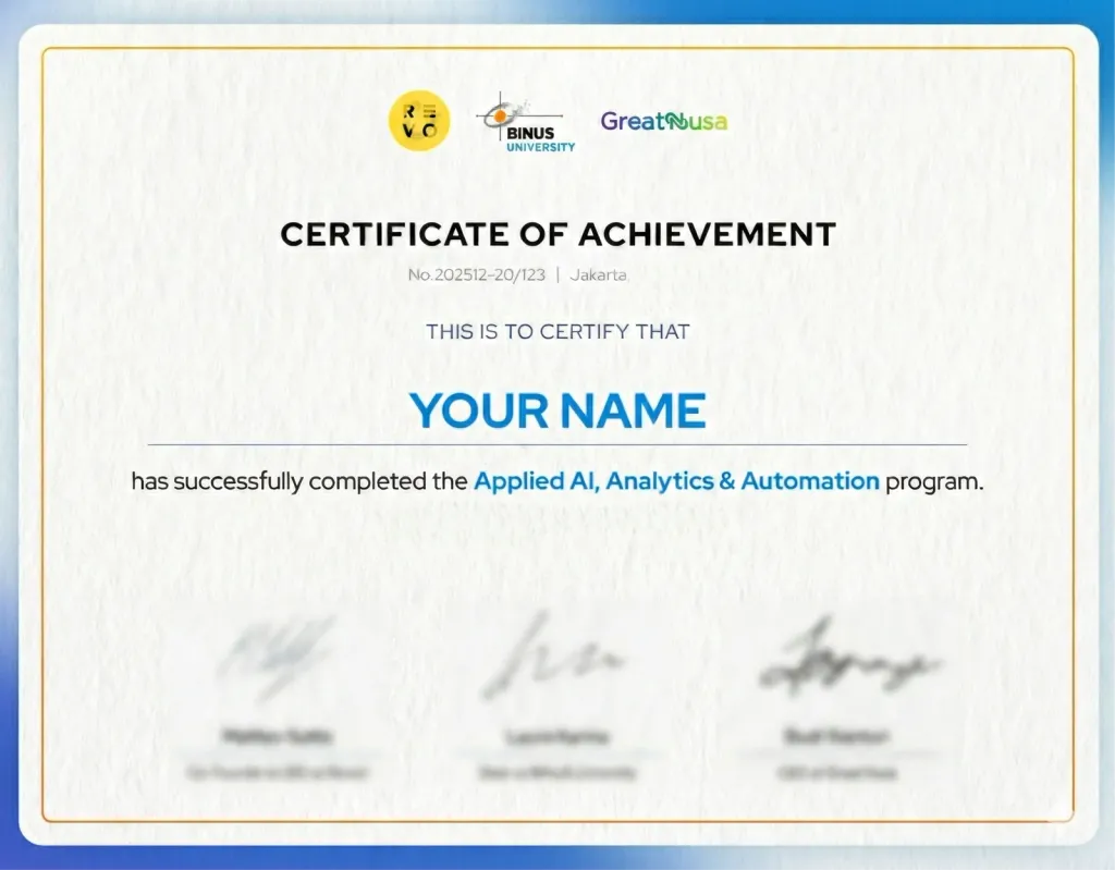 Sertifikat Pencapaian dari RevoU, BINUS University, dan GreatNusa untuk program Applied AI, Analytics & Automation